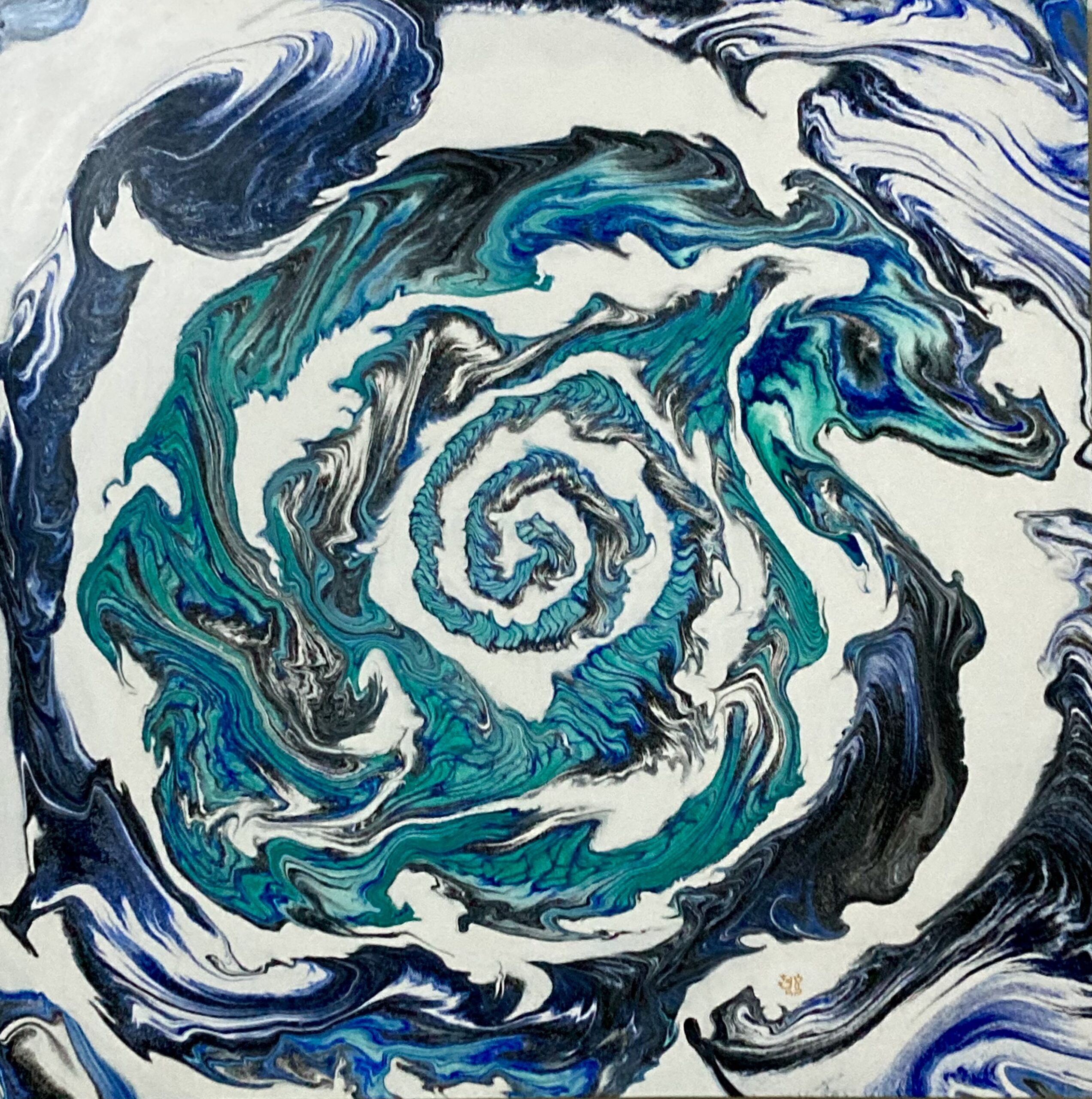 青龍 藍綠黑白抽象螺旋 壓克力流動畫